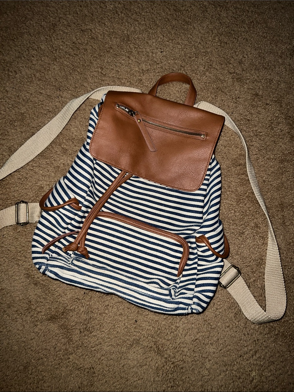 Madden Girl Navy and White Striped Canvas Backpack with Brown Trim